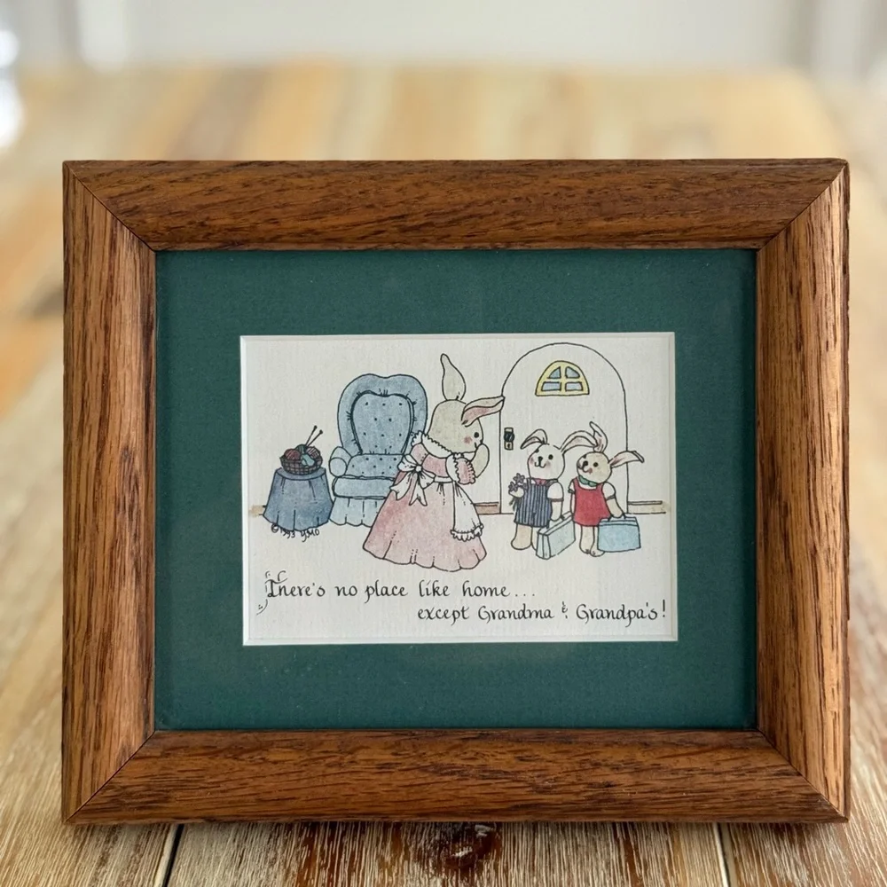Vintage Yours Mine Ours Framed Bunny Print Message To Grandma And Grandpa